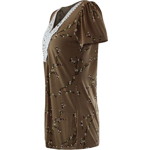 Taupe Short Sleeve Crochet Neck Top - Picture 2 of 3